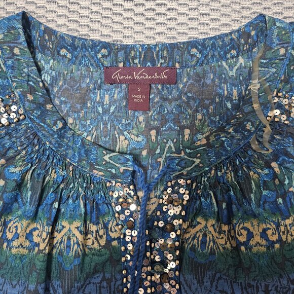Gloria Vanderbilt Sequin-Embellished Blue Sequenced 3/4 Sleeve Blouse Size S - Picture 4 of 6